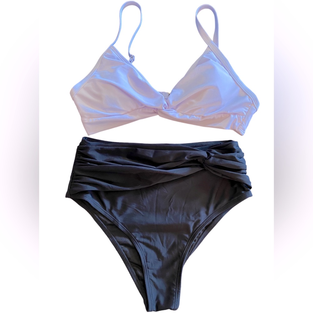 Women’s high cut high waist black & white bikini swimwear tummy control NWT